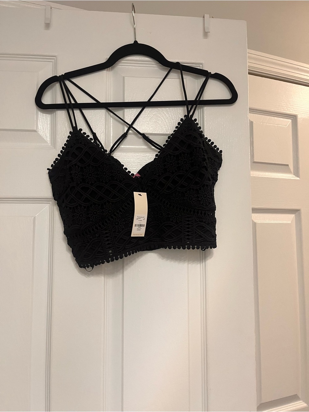 Francesca's Collections Black Lace Cropped Cami with Strappy Crisscross Back L
